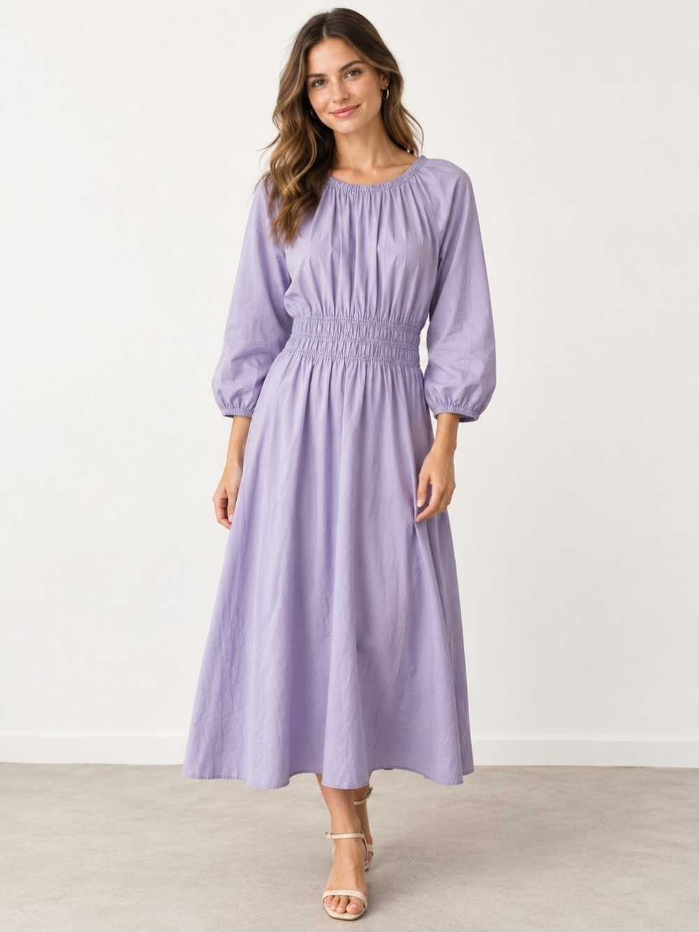 Nordstrom Signature Lavender Long-Sleeve Smocked Waist Midi Dress Medium Nwt